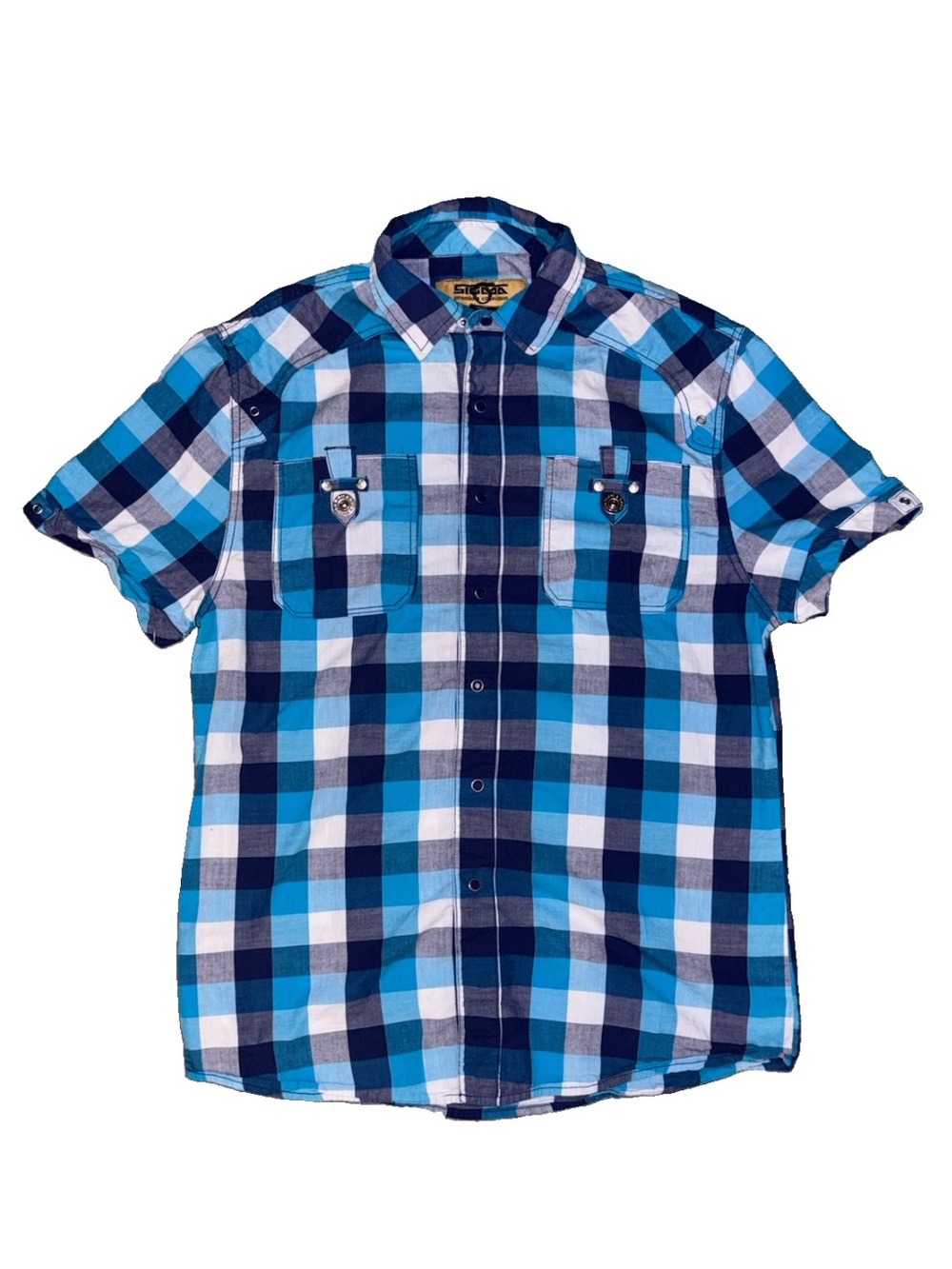 SIGMA Men’s Large Blue Plaid Western Short Sleeve Shirt Y2K Silver Hardware